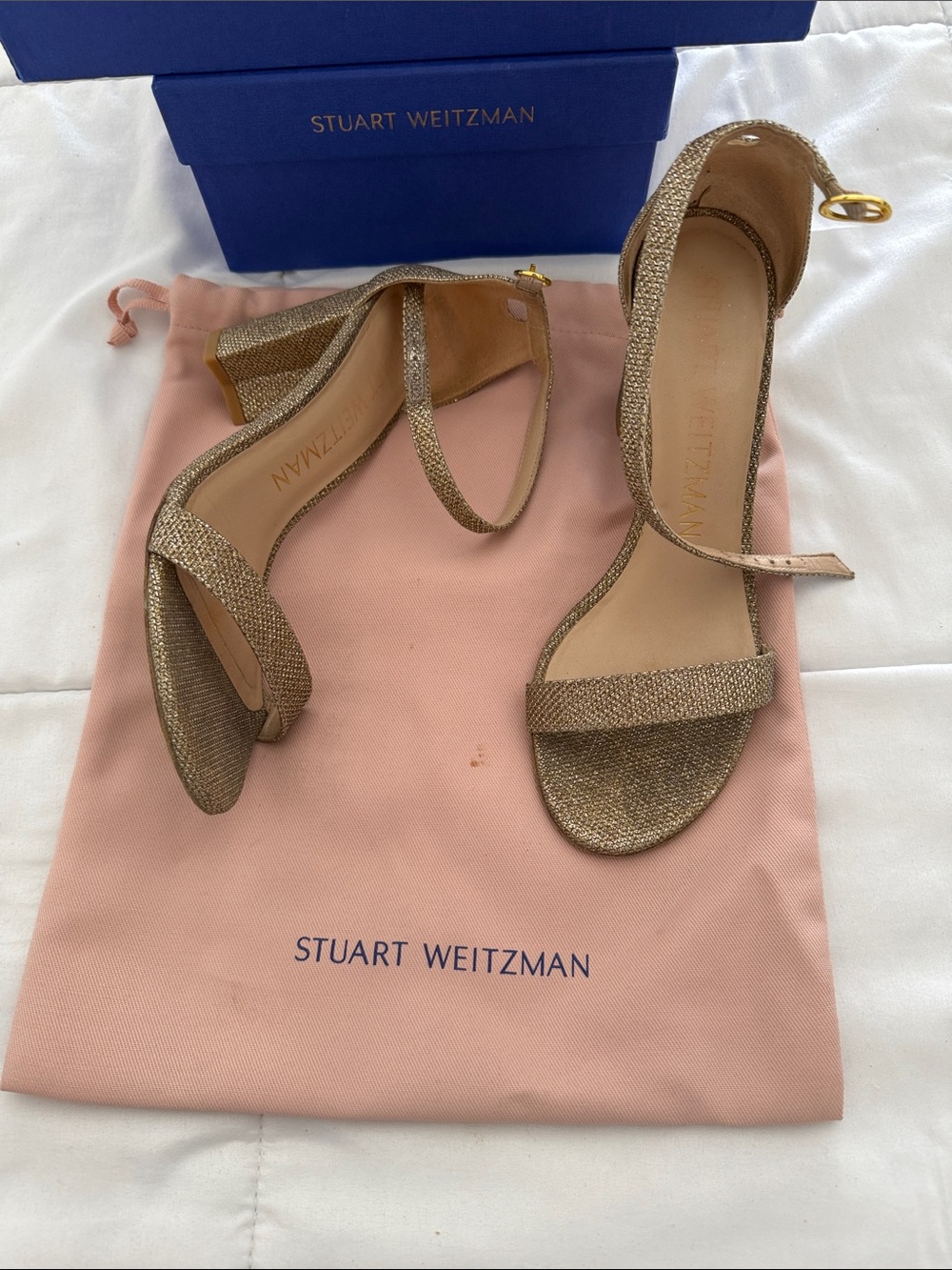Stuart Weitzman Metallic Gold Ankle-Strap Block Heel Sandals